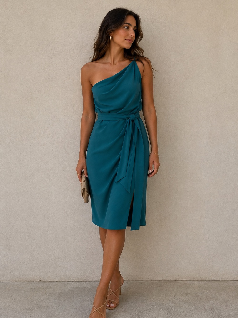 Suzy Shier Teal One-Shoulder Wrap Dress with Waist Tie Never Worn